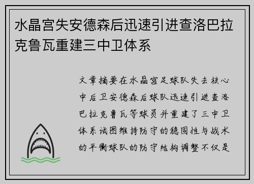 水晶宫失安德森后迅速引进查洛巴拉克鲁瓦重建三中卫体系