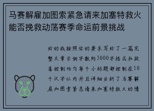 马赛解雇加图索紧急请来加塞特救火能否挽救动荡赛季命运前景挑战 马赛解雇加图索紧急请来加塞特救火能否挽救动荡赛季命运前景挑战